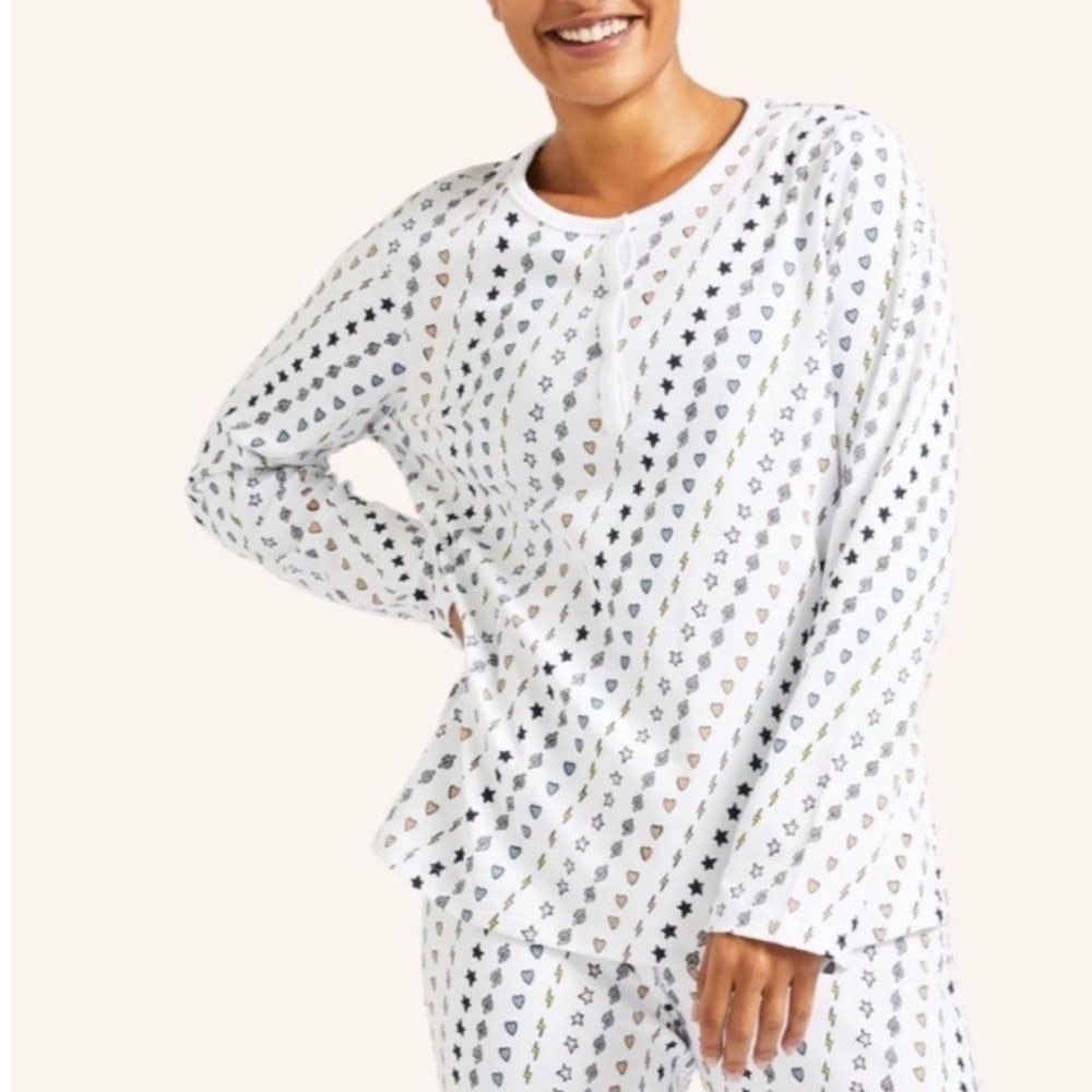 Peloton x Roller Rabbit Pajama Shirt Hearts Stars Henley Snap Sleep Top Size S